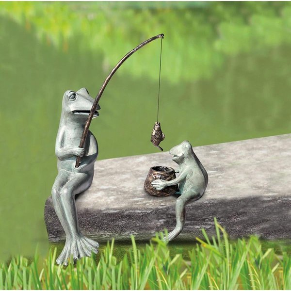 Spi Garden Fishing Frog Mama & Baby Sculpture 21093